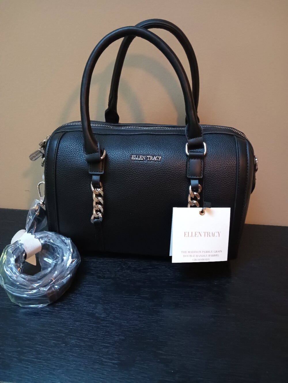 Ellen Tracy Black Pebbled Leather Dome Satchel